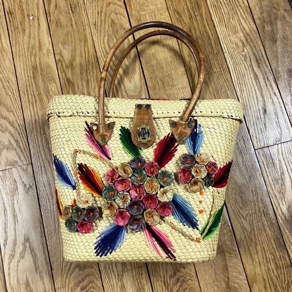 Handbags - Vintage Straw Woven Tote Bag Floral Feather Embroidery‎ Top Handle Clutch